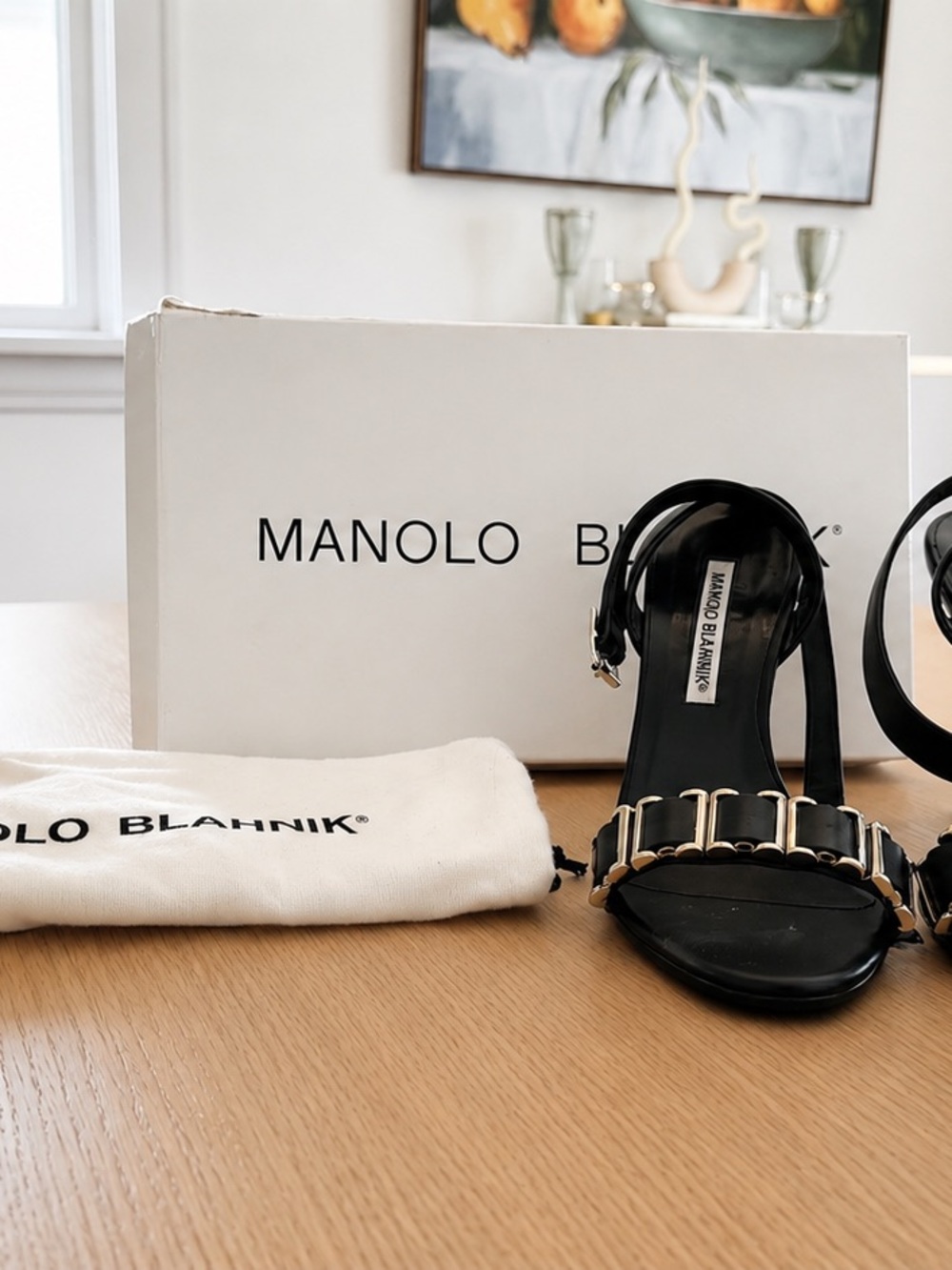 Manolo Blahnik Black Leather Sandals with Chain Detail - Sz 7